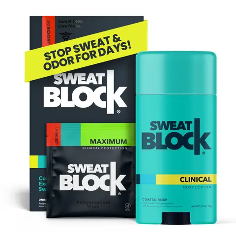 SweatBlock Clinical 2-Step Sweat & Odor Antiperspirant & Deodorant System - 10 Wipes Included - Maximum Clinical Protection - Coastal Fresh Scent - Doctor Created, Doctor Recommended - Aluminium