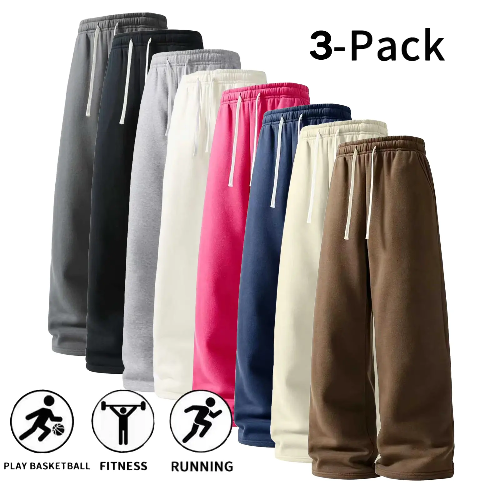 3-Pack Men’s Comfortable Straight-Leg Loungewear Pants, Elastic Drawstring Waist, Stretchable & Breathable, Loose-Fit Pants for Men