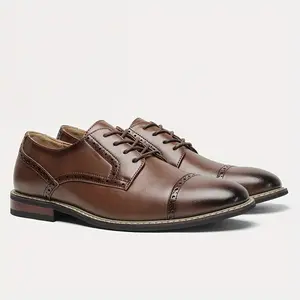 Men's Brown Leather Brogue Half Round Toe Oxford Shoes, Formal Lace-Up Business Shoes with Eyelet Details, Classic Business & Wedding Office Shoes