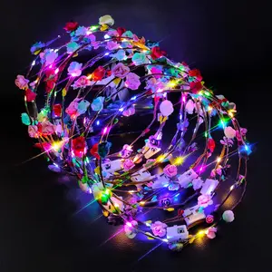 12 Pack LED Flower Headband Crown, Halloween Glow in The Dark Party Supplies Wreath Headdress for Men Women Hair Accessories, LED Light Up Party Favors Dress Up Wedding Birthday Christmas