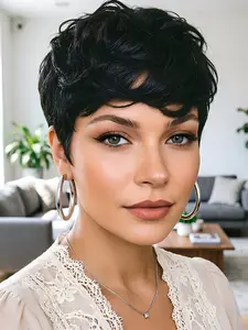 Short Wavy Pixie Cut Human Hair Wig with Bangs, Full Machine Made, Natural Looking Wigs for Women, Daily Wear, Stylish and Comfortable