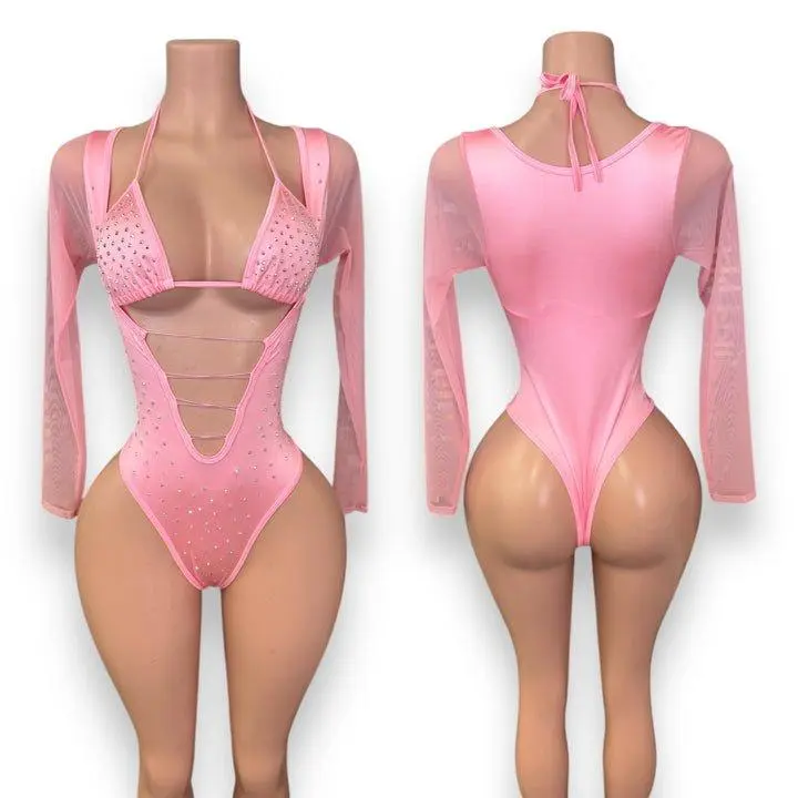 Light Pink Diamond Bodysuit - One Size Fits All, Fits Women, Suitable for All Body Types - Womenswear