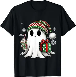100% Cotton Christmas Cute Ghost Drink Coffee Funny Christmas Ghost T-Shirt
