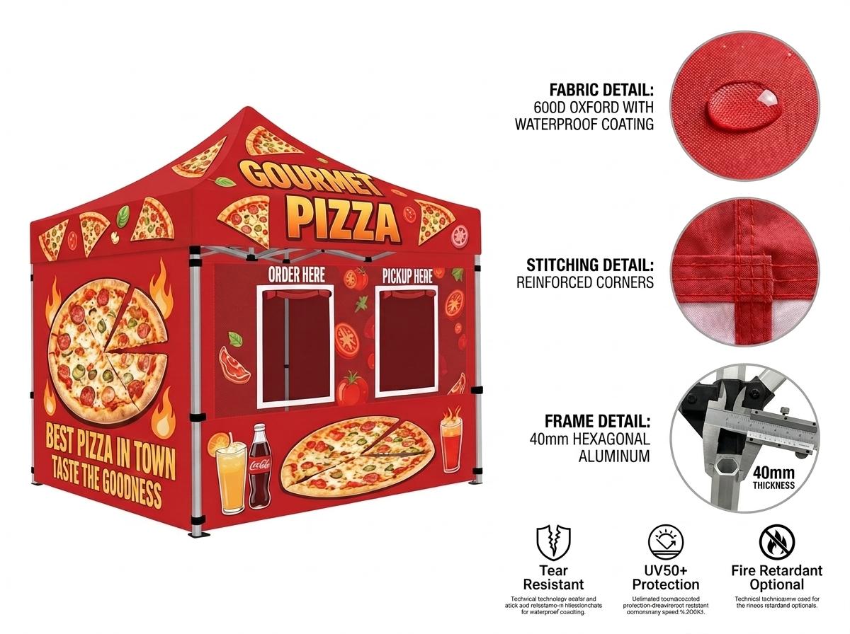 Pizza Booth Tent Dye Sublimation Printing Retractable Tent Business Event Flame Resistant Pop-Up Vendor Canopy for Food Festivals & Street Stalls with Wheeled Carry Bag