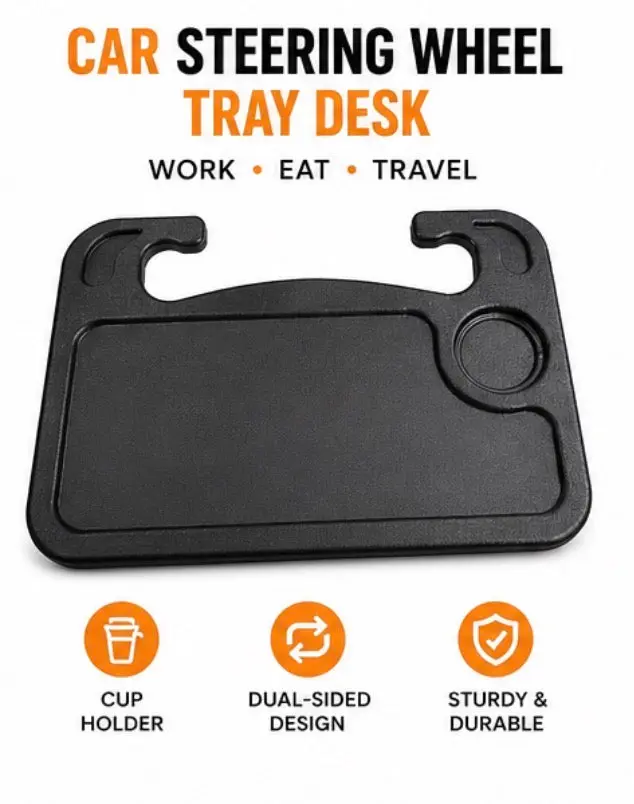 Car Steering Wheel Tray for Food & Laptop with Cup Holder & Dining Snack Table Secure Attachment Durable Construction Ideal for Travel Convenience