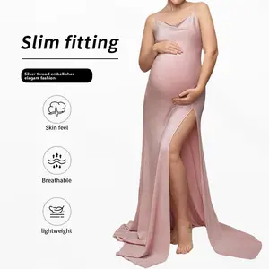 Fashionable maternity dress, off-the-shoulder elegant evening gown, floor-length sexy strap dress with high slit and hip-hugging maternity dress