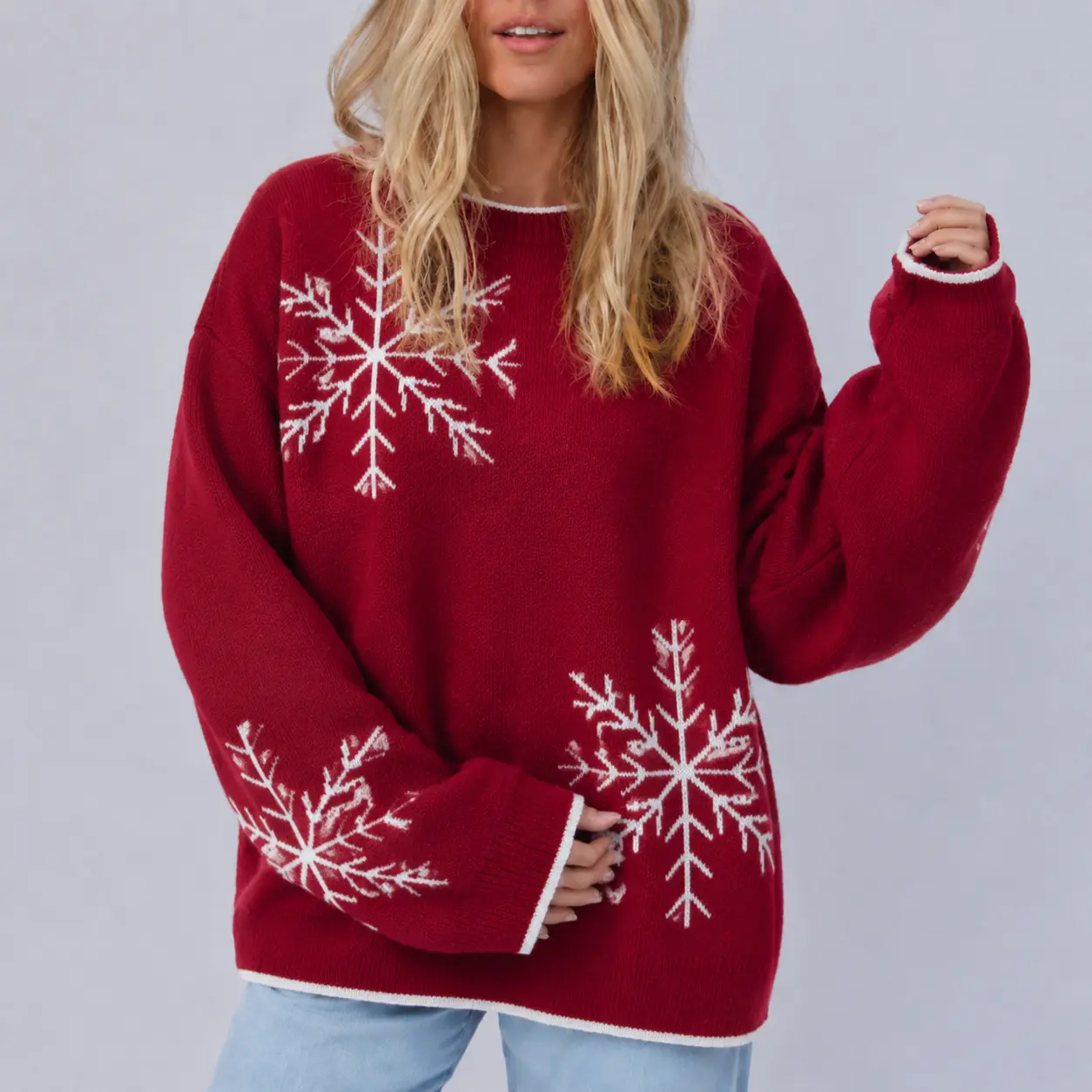 Women's Snowflake Jacquard Sweater, Comfortable Baggy Crew Neck Knit Pullover, Casual Soft Tops for Autumn Winter, Fabric, Elegant, Snowflake Jacquard Knit Pattern, Unisex Look, Pullover Sleeves