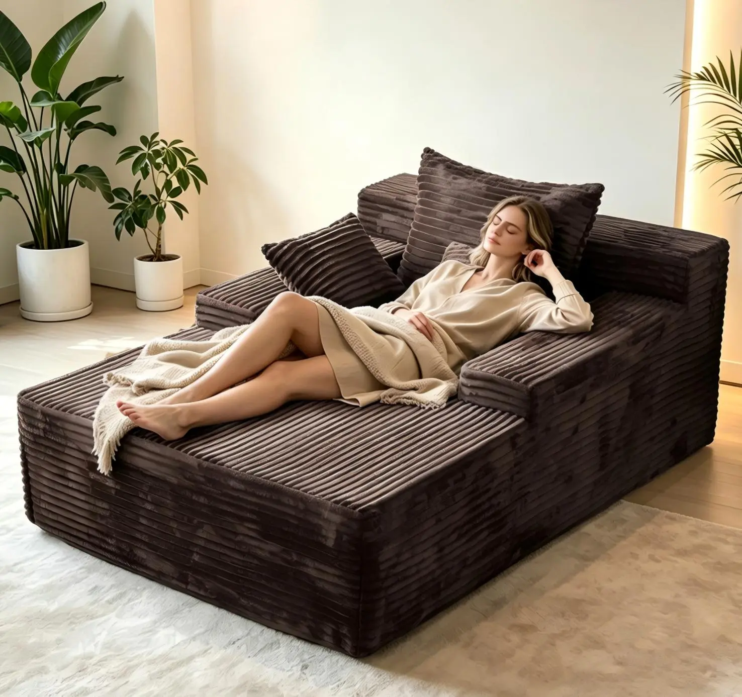 Orienflex Ribbed Brown Corduroy Sleeper Sofa - 2 Seat Oversized Boneless Chaise Lounge, 67x48x24in Deep Seat, Wide Fixed Armrests, 3 Pillows, No Assembly, Upholstered Recliner, Boneless Couches, Soft Squishy Living Room Furniture for Urban Cozy Spaces