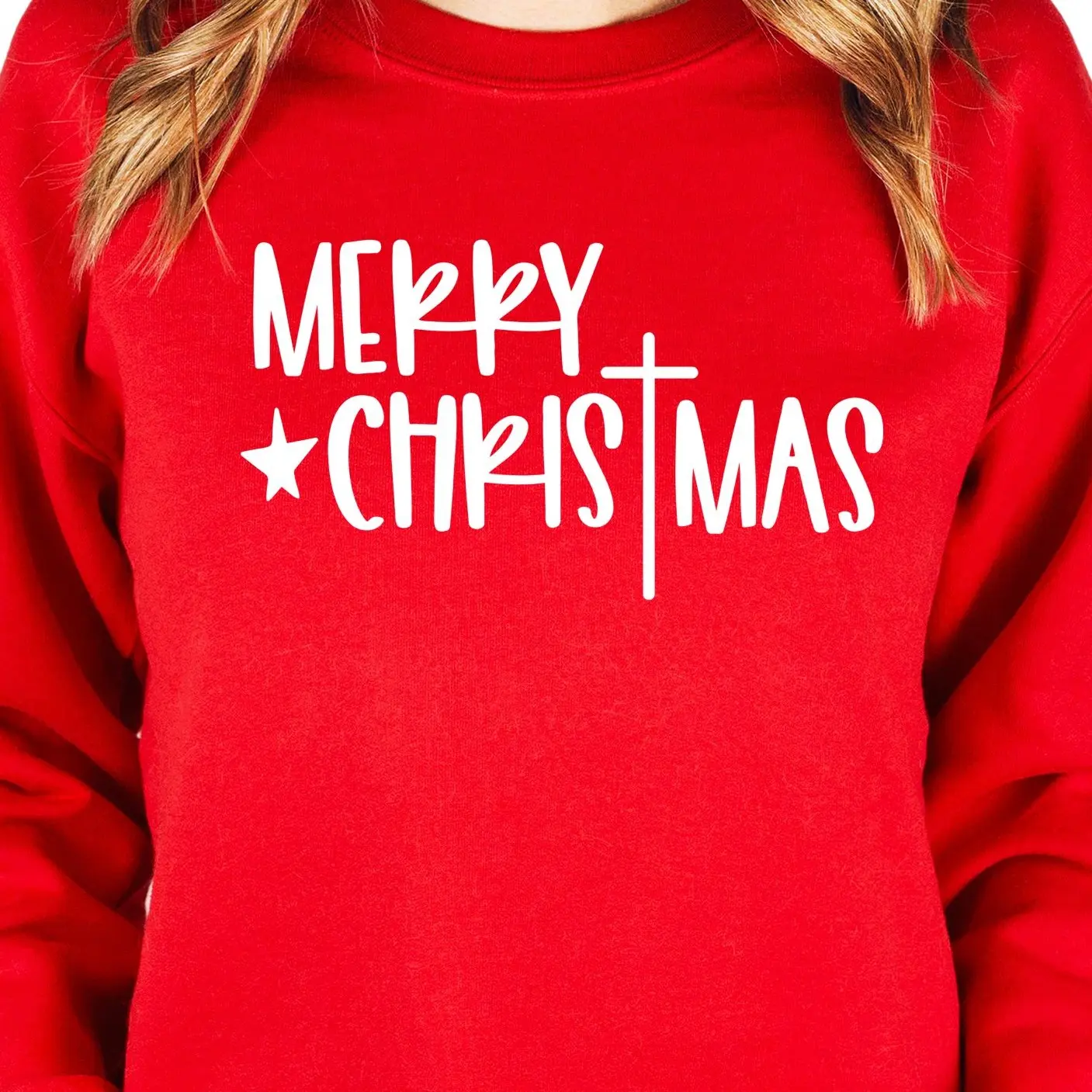 Merry Christmas Cross Sweatshirt for Women and Teens - Christian Christmas Sweater - Red Holiday Pullover Casual Crewneck Long Sleeve