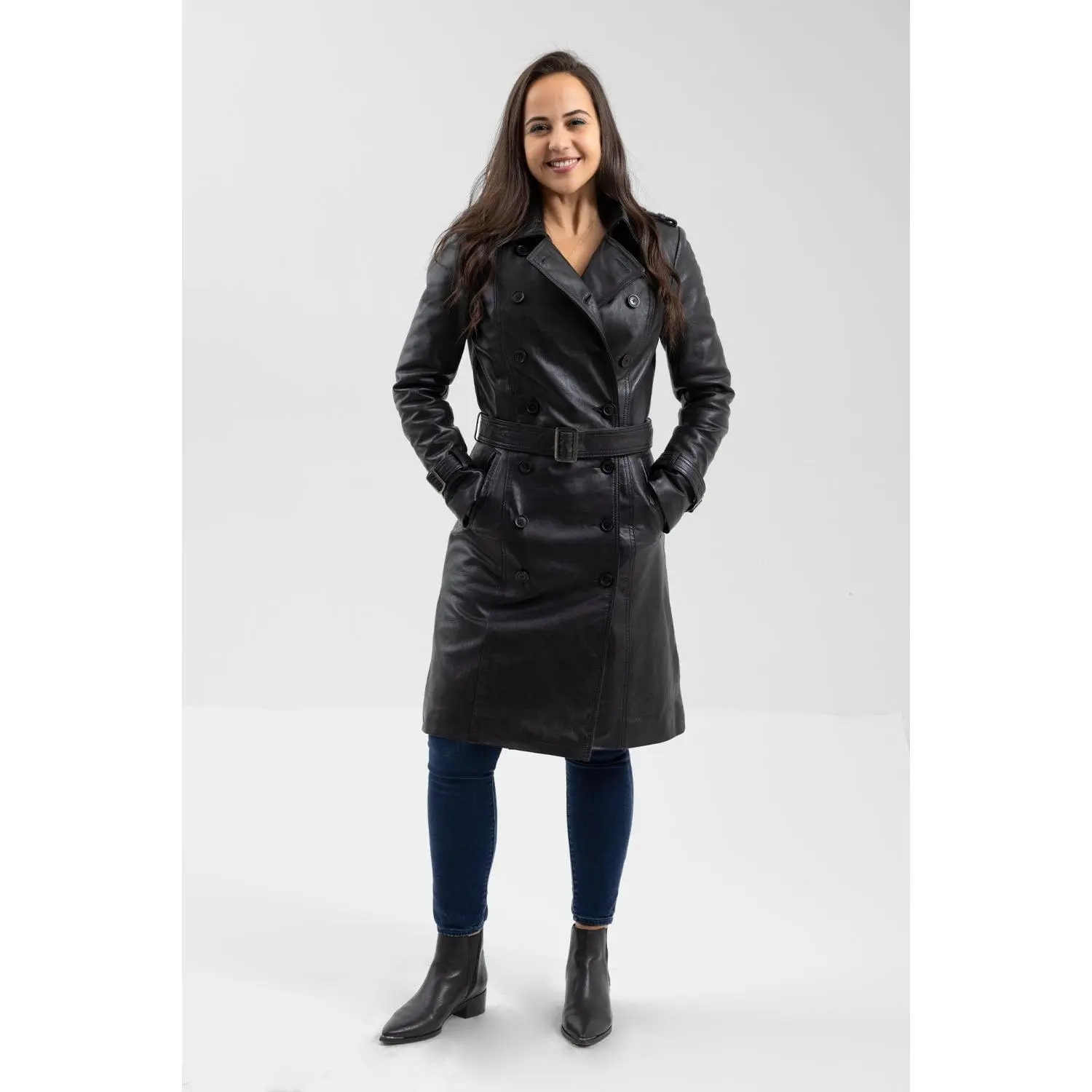 FM Women's Double Breasted Black Leather Trench Coat