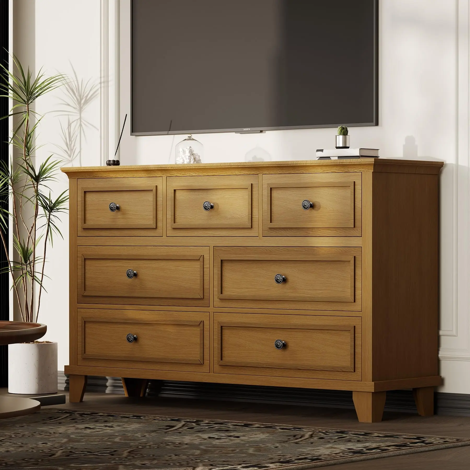 7-Drawer Wide Modern Practical Dresser - Rectangular Stripes Chest of Drawers, Deep Storage Bedroom Furniture with Water-Resistant Wood Top, Metal Handles & Thick Fabric-Wrapped Wood Cabinet for Bedroom Living Room