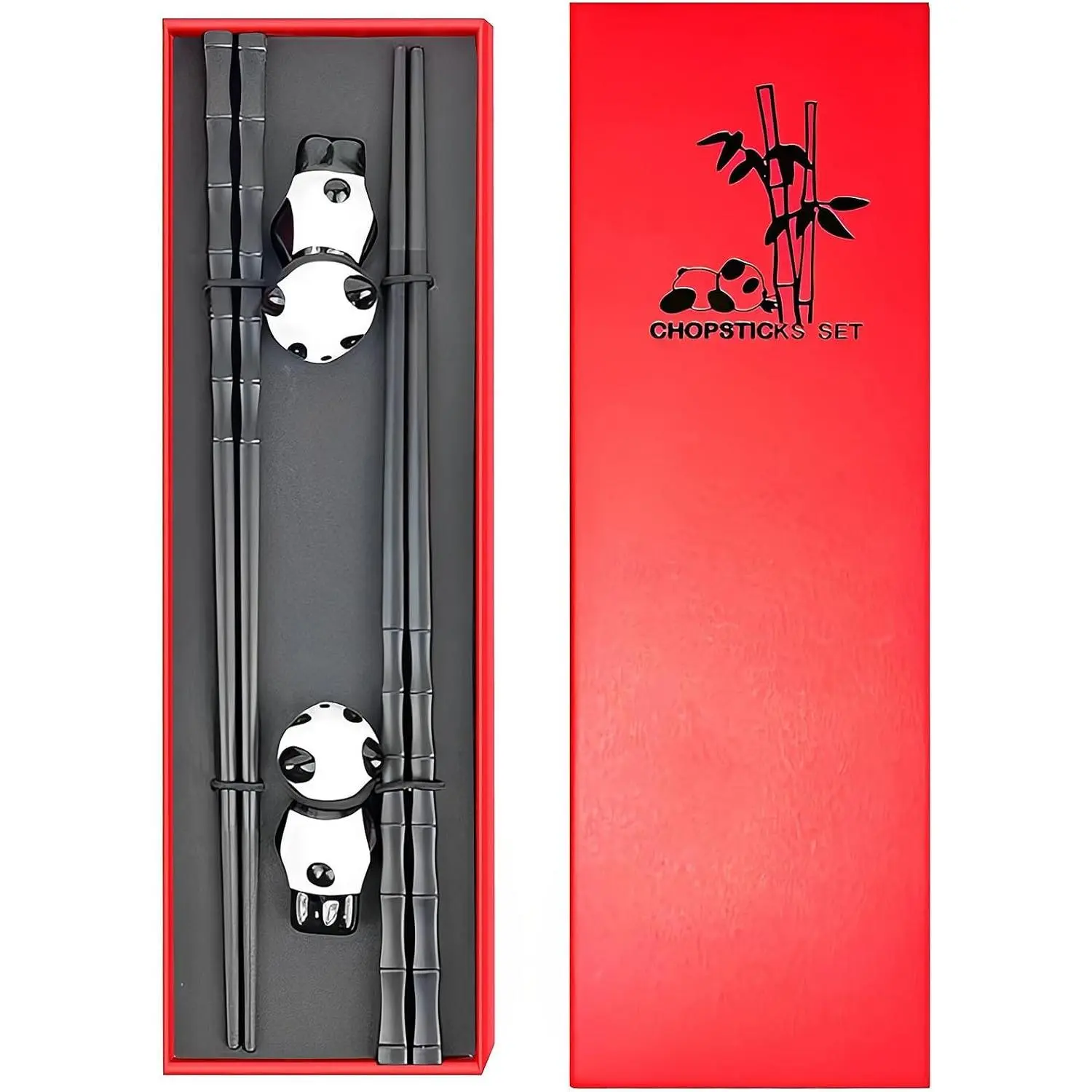 Chopsticks with Rest  Set,Fiber Glass Chopsticks and Porcelain Panda Chopsticks Holders,Dishwasher Safe Non-slip Chinese  Style Chopsticks Set Black 2 Pairs