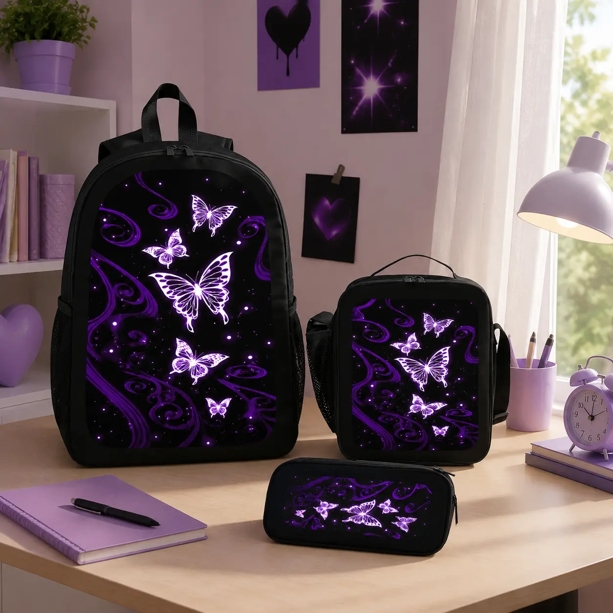 Purple Butterfly Pattern Printed 17 Inch Cute Backpack Set 3PCS Backpacks for School Women Men Teen Travel Backpack Lunch Bag Pencil Case Set Aesthetic Bookbag Lightweight Daypack School Bag Set Gift Idea for Back to School Daily Use