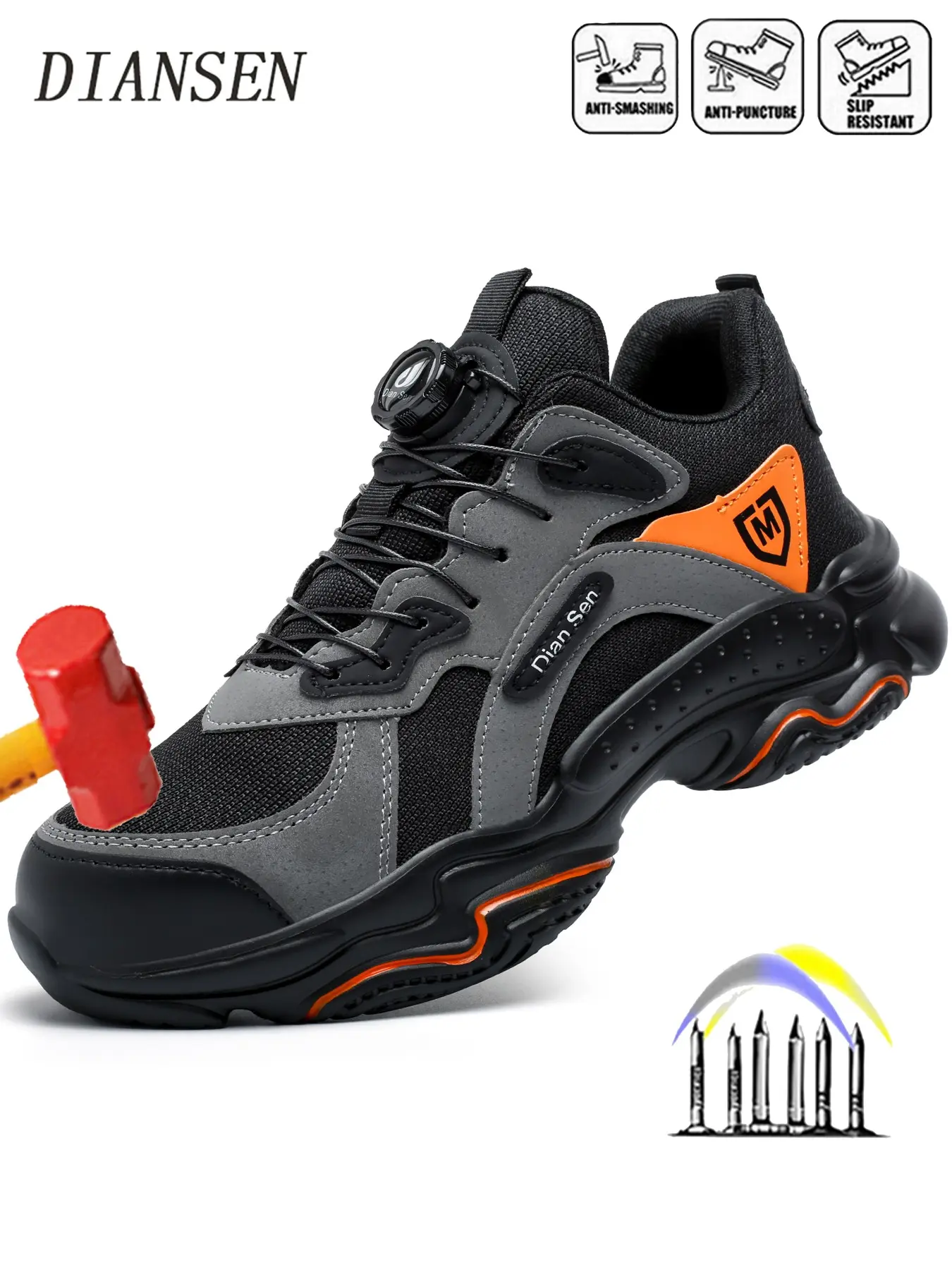 Steel Toe Work Shoes For Men Comfortable Lightweight Breathable Work Safety Footwear Fashion Rotary Buckle Shoes with Puncture Resistant , Anti-smash Indestructible Work Shoes for Construction and Warehouse Non Slip Work Shoes