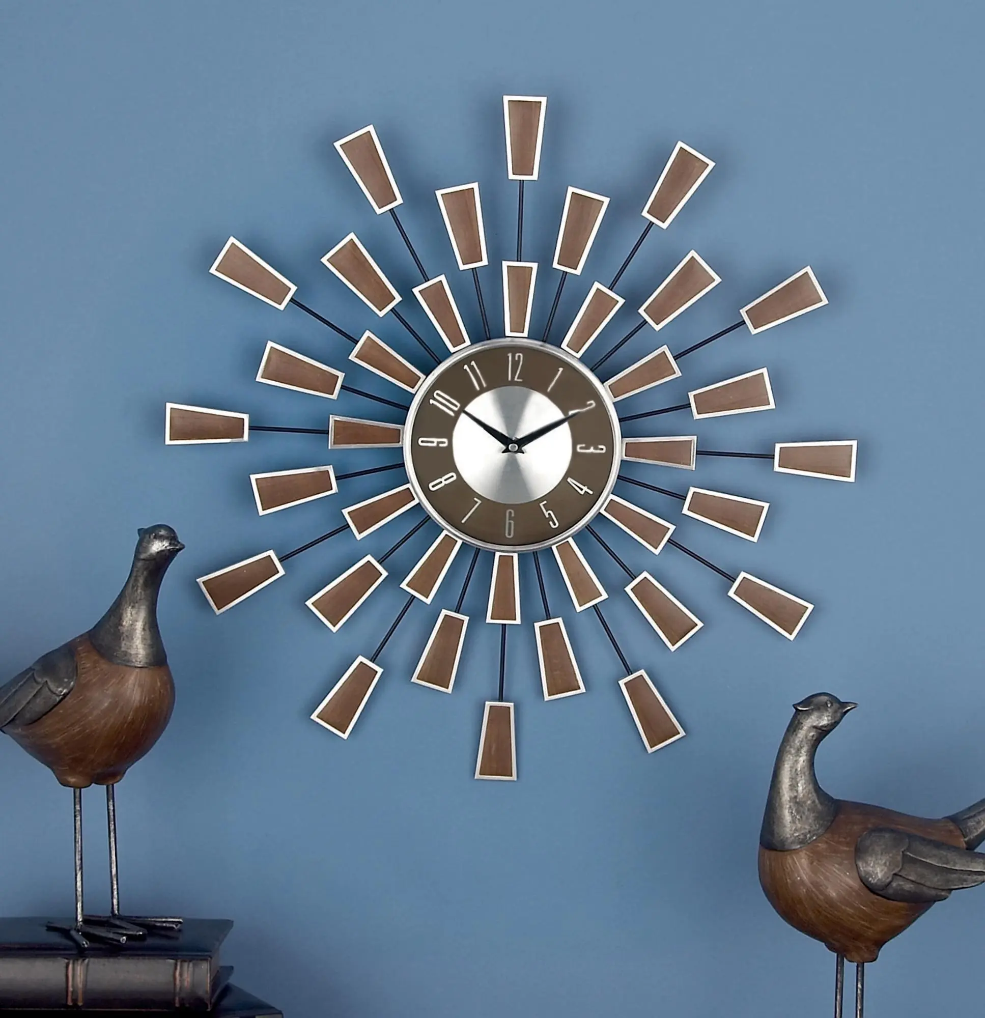 Modern Iron Starburst Decorative Wall Clock - Brown Metal with Silver Accents, Ideal Gift for Kitchen Home Decor, Room