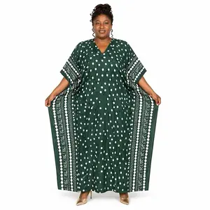 Green Polka Dot & White Patterned Kaftan Dress with V-Neck and Wide Sleeves for Women
