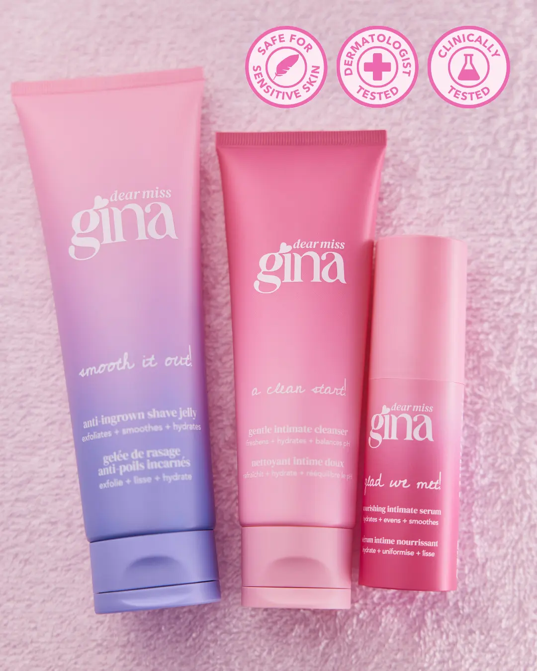 softly served bundle for gentle intimate care | smooth and soft bikini skin | wash, shave, hydrate and soothe | dermatologist tested | dear miss gina