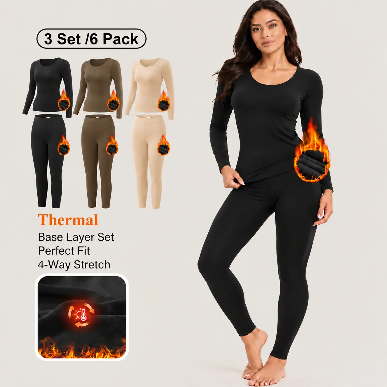 Women's 6-Pack Base Layer Thermal Underwear Sets, Ultra-Warm Fleece-Lined Polyamide-Elastane Long Johns, Full-Length Crew Neck Tops & Bottoms, Temperature Regulation Fall-Winter Sportswear for Skiing, Cycling, Temperature Regulation Thermal Underwear Sets