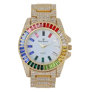 MaxBling81 Men's Luxury Hip Hop Waterproof Analog Watch - Iced Gold-Silver Plated, Round Dial, Rainbow Baguette Stones, Rainbow Gems, Stainless Steel Casual Fashion Accessory