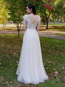 Champagne cap sleeve lace wedding dress