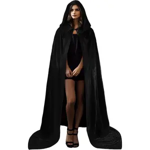 Black Witch Velvet Cloak Halloween Hooded Cape Queen King Robe Outfit Renaissance Medieval Costume
