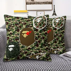 Urban Camouflage Throw Pillow, Home Decorative Cushion featuring Digital Printing, 45cm Square Design Includes Pillow Insert with a Bold Brown Ape Head, Lightning Bolt Accents, and Dynamic Star Patterns. Adds Unique Charm to Your Living Room & Bedroom