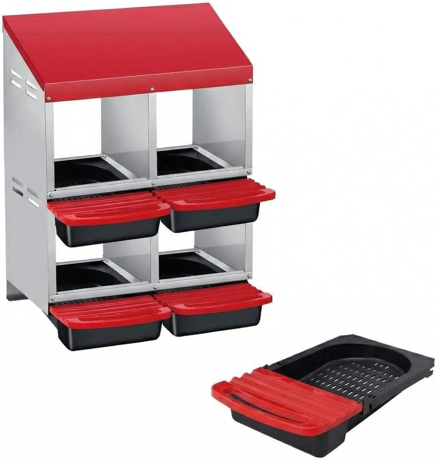 Rollaway Chicken Nesting Boxes with 3/4 Compartments, Metal Egg Laying Box for Poultry, Removable Trays for Easy Collection, Wall-Mounted or Freestanding Design for Coops Red