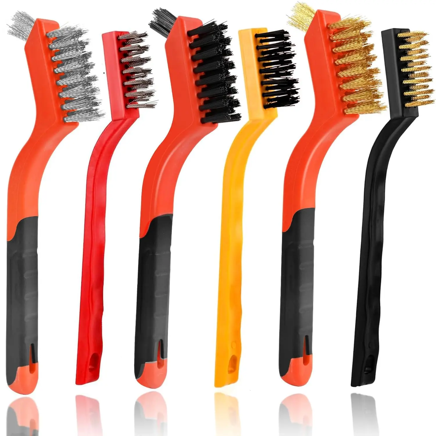 6 count Wire Brushes for Cleaning Rust, Upgrade Wire Brush Set - Brass/Stainless Steel/Nylon Bristles, Small Metal Wire Brush with Curved Handle Grip, Wire Brushes for  and Stain, 7 Inches