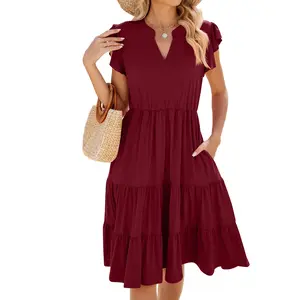 EncoLax Casual Dresses for Women Lapel Collared V Neck Short Sleeved Pleated Summer Dresses for Women 2026 Midi Dresses