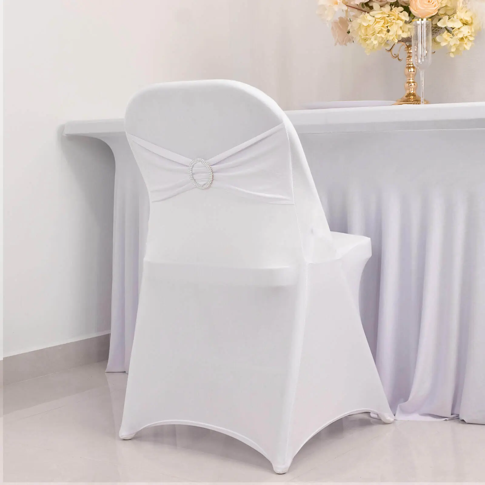 White Stretch Spandex Foldable Chair Cover - Wrinkle-Resistant Fitted Slipcover with Silver Rhinestone Buckled Chair Cover Sash Band Accent, Ideal for Weddings, Chair Cover Sashes, Foldable Chair Covers