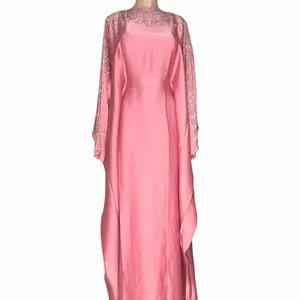 Mouna Wide Neck Abaya Beaded - Pink Color, Long Sleeves, Elegant Design, Comfortable Fit, Suitable for Various Occasions