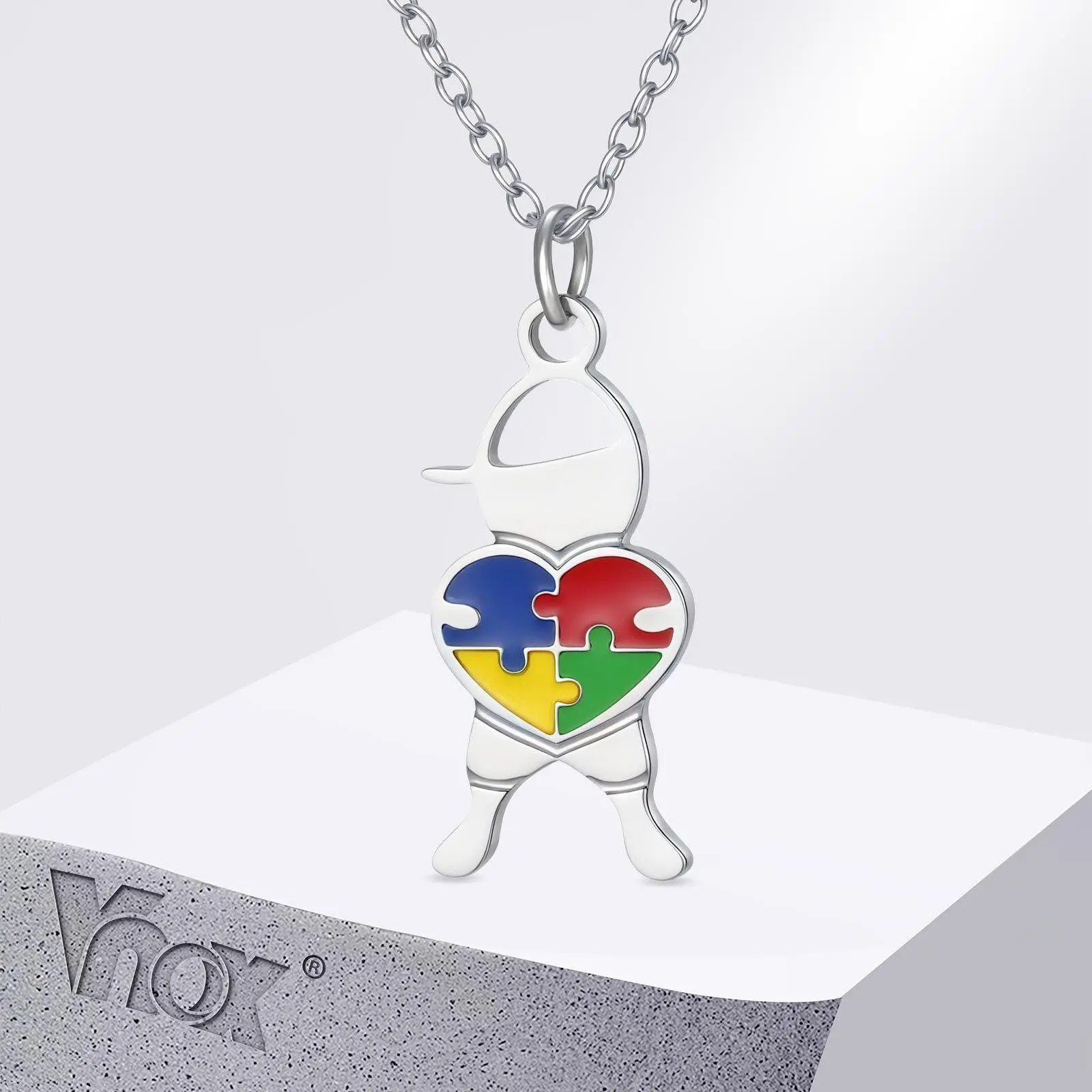 Vnox Stainless Steel Heart-shaped Puzzle Necklace, Boys Girls Autism Awareness Puzzle Pendant, Fashion Jewelry Gifts