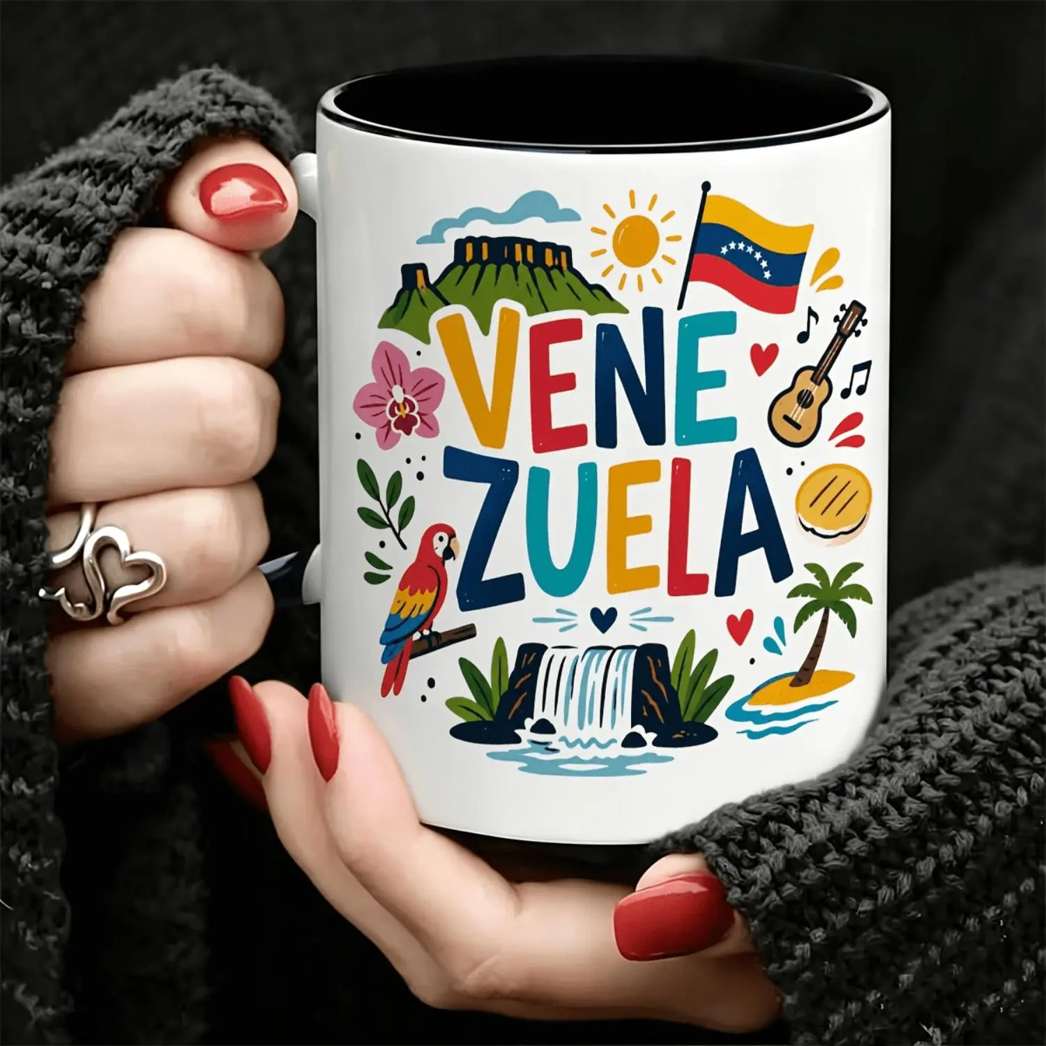 Vibrant Venezuela-Themed Ceramic Mug Featuring Parrot and Angel Falls Design Colorful Travel Souvenir Gift Coffee Tea Cup Dishwasher Safe Drinkware for Milk Birthday and Christmas