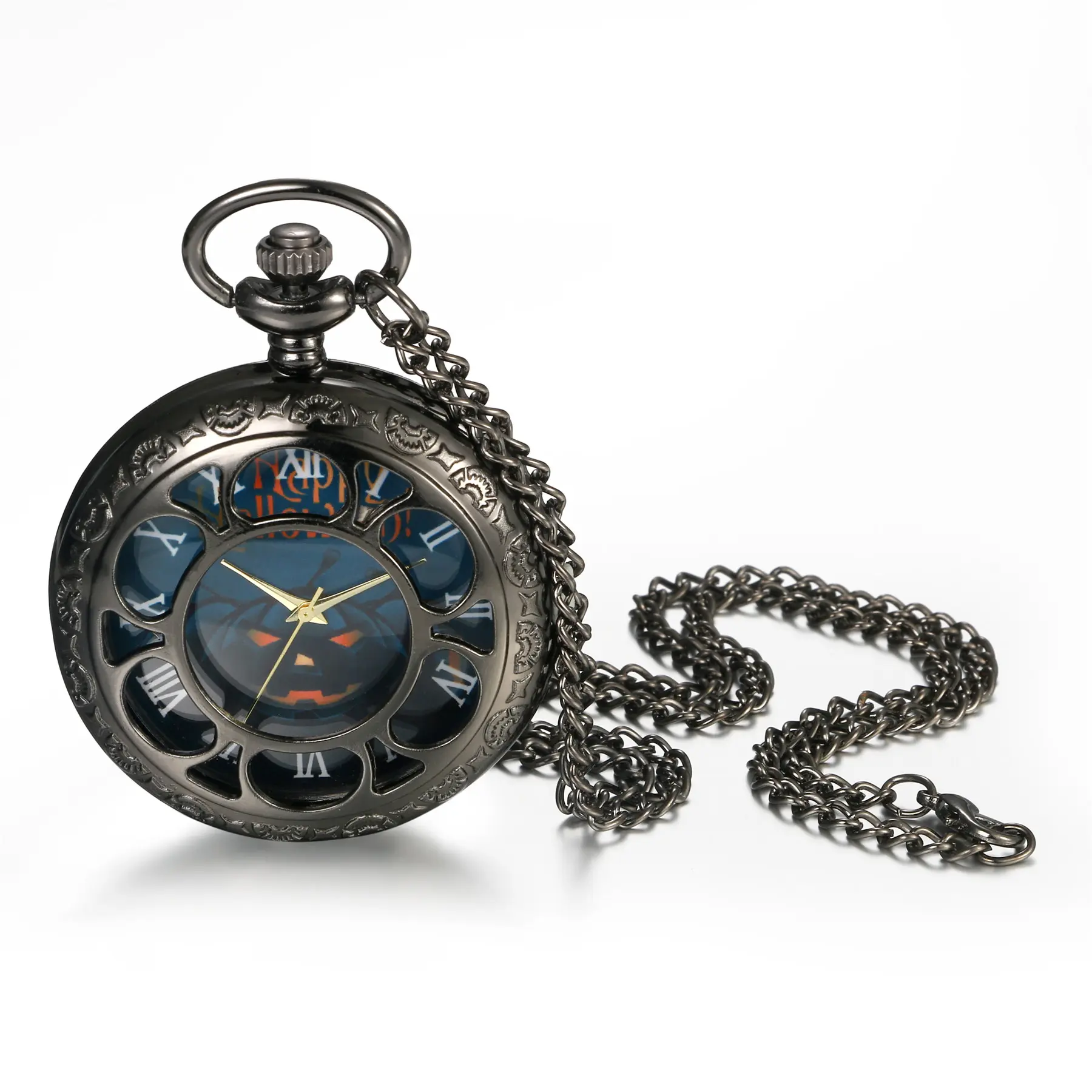 OIDEA Gothic Pocket Watch - Unisex Analog Fob Watch, Navy Pumpkin Dial, Black Alloy Openwork Case, 32" Necklace Chain, 0.85 oz Splash-Proof Halloween Gift for Dark-Aesthetic Enthusiasts