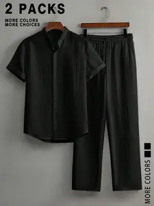 Men's Textured Short-Sleeve Shirt & Pants Set, Mandarin Collar, Button-Down, Elastic-Waist Trousers, Casual Summer