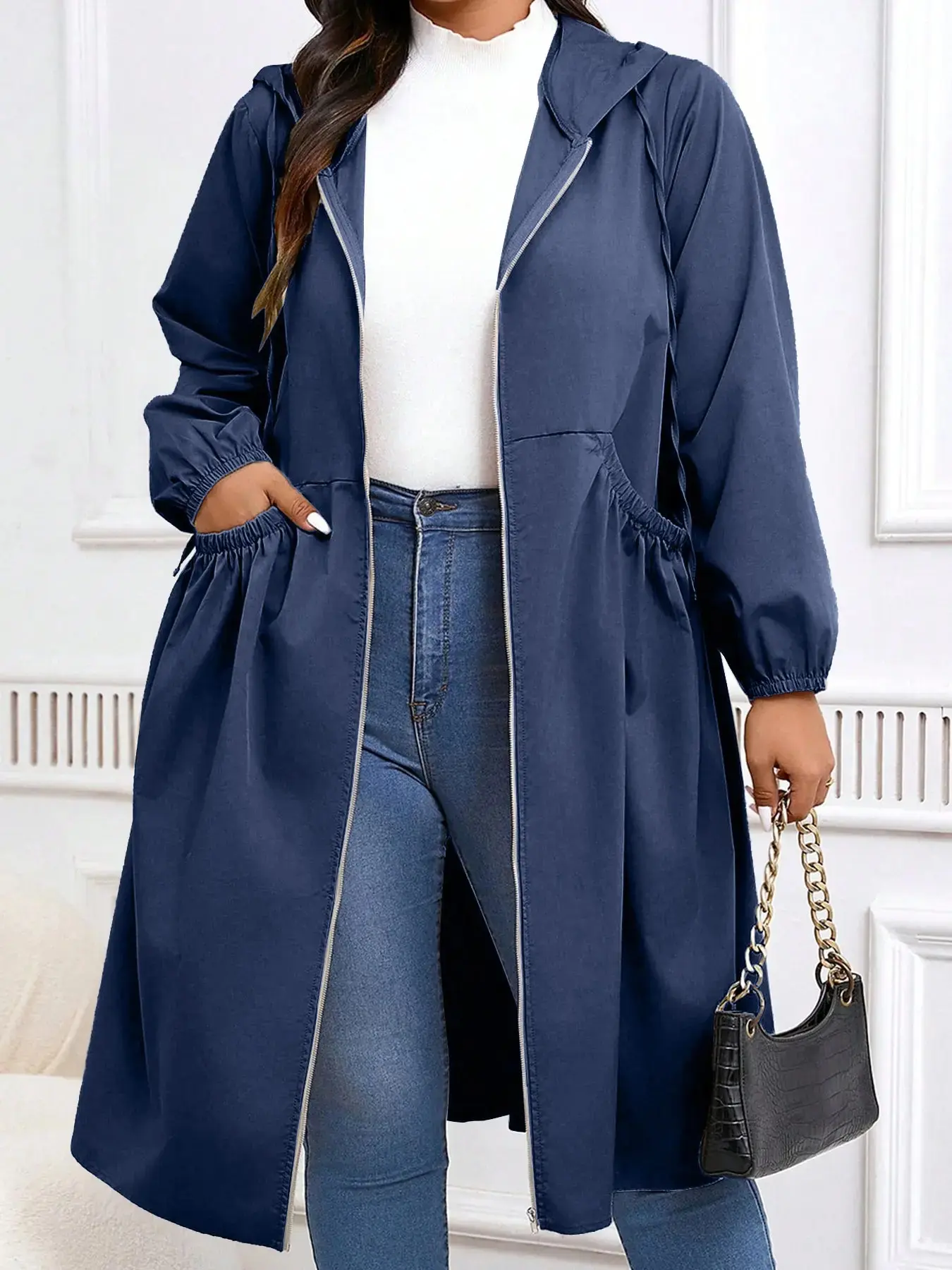 Plus Size Solid Adjustable Drawstring Zip Up Hooded Coat Jackets, Casual Long Sleeve Pocket Outerwear for Fall & Winter, Modest Women's Clothes for Daily Wear, Womenswear
