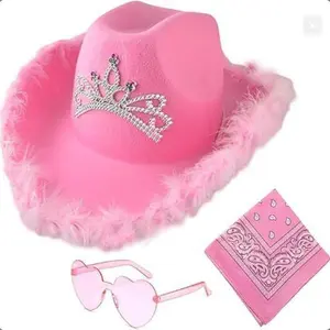 Pink Cowgirl Hat with Feather and Tiara, Halloween Christmas Crown Feather Cowboy Hat with Pink Heart Shaped Sunglasses and Pink Bandanas, Western Cowboy Girl Party Decorative Accessories