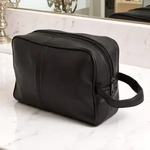 Leatherboss Premium Leather Shaving Bag | Travel Toiletry Organizer for Men, Black - Handcrafted Genuine Leather Dopp Kit with Slip On Closure