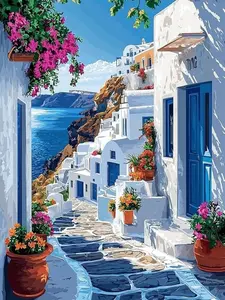 5D DIY Full Drill Square Diamond Painting Kit Santorini Greek Island Coastal Street Art Craft for Adults Home Wall Decor