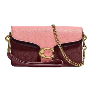 Women's Coach Tabby 18 Mini Pebbled Leather Crossbody Bag - Classic C Logo, Pink & Burgundy Flap Square Bag, Casual Trendy Purse