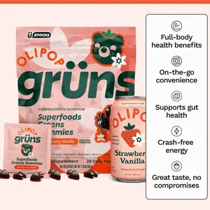 Grüns x Olipop Strawberry Vanilla Supergreens Gummies: Comprehensive Nutrition supplement with 60+ ingredients: Vitamins and Minerals, Prebiotics for Digestive Health, Adaptogens, Chlorophyll, Chlorella, Fruits and Vegetables, Gluten Free, Vegan