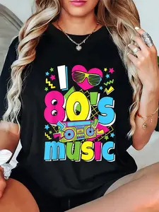 100% Cotton I Love 80s Music 80's Costume Eighties Theme Outfit 1980s T-Shirt Short Sleeve T-Shirt Women's Men's Graphic Tee Causal Tops