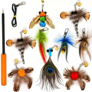 Interactive Cat Toys 10PCS – Retractable Wand Toy with Feather Refills, Teaser Stick & Insect Toys for Indoor Cats & Kittens