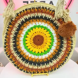 Handmade Crochet Round Crossbody Bag 13x13”  Earth Tone Boho Purse | 44” Strap | Sunflower Artisan Bag Made with Love
