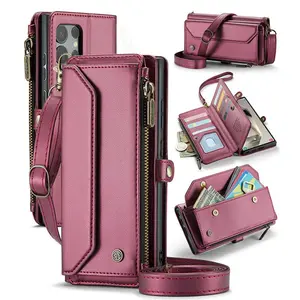 Magnetic Crossbody Shoulder Bag Design Phone Case, 1 Set Zipper PU Leather Case with Lanyard & Card Slot, Fashion Protective Case for Samsung Galaxy