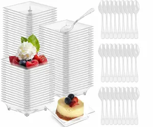 100ct Mini Dessert Plates with Tasting Spoons, 2.5 Inch Small Reusable Clear Plastic Party Serving Hors D'oeuvres Plates for Appetizers
