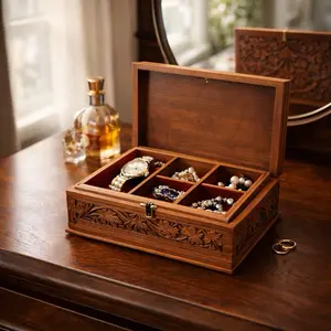 Walnut Wood Hand Carved Jewelry Box, Velvet Lined Keepsake Gift Box with Lock