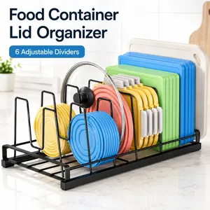 Food Container Lid Organizer for Cabinet, Metal Pot Lid Organizer with 6 Adjustable Dividers for Plastic Lids, Pots, Pans, Cookie Sheets, Cutting Boards, Cupboards, Drawers and Under Cabinet Kitchen Storage