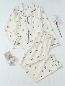 Women's Striped Bow Print Long Sleeve Pajama Set, Sweet Cute Button Front Top and Pants, Casual Home Wear for All Seasons