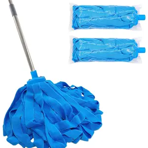 Screw On Microfiber String Mop, One Stainless Steel Pole + Two Blue Microfiber Cloth Mop Heads